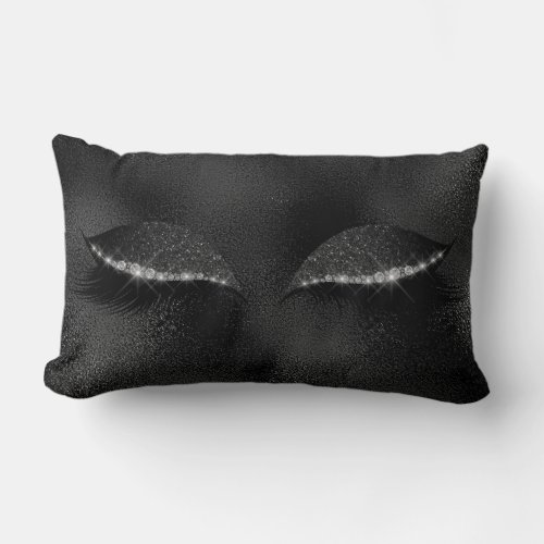Black Silver Graphite Glass Glitter Lashes Makeup Lumbar Pillow
