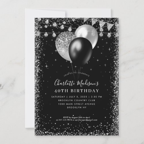 Black Silver Gray Balloon Lights Any Age Birthday Invitation