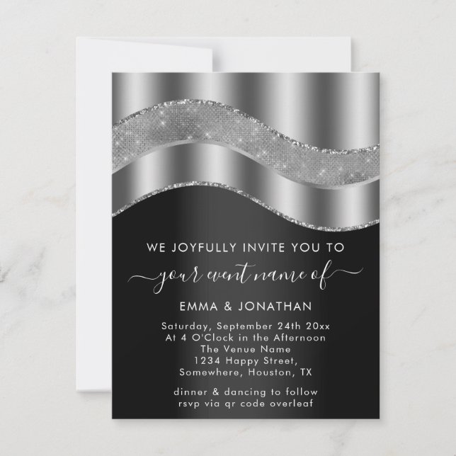 Black Silver Gray Border Glitter Wave QR Code (Front)