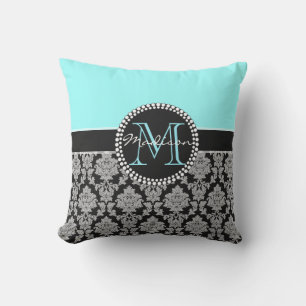 Black silver gray Damask, turquoise, aqua blue Throw Pillow