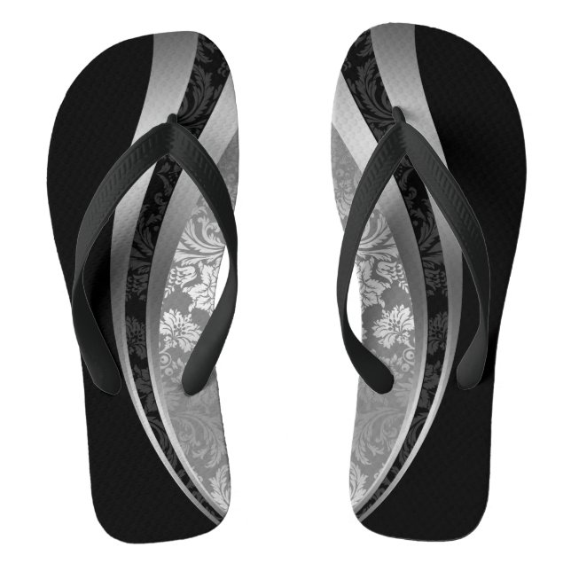 Black & Silver Gray Damasks Geometric Design Flip Flops (Footbed)