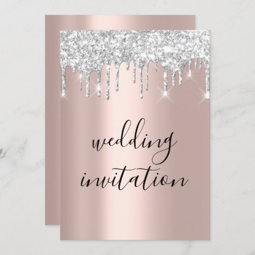 Black  Silver Gray Drips Rose SGold Wedding Invitation