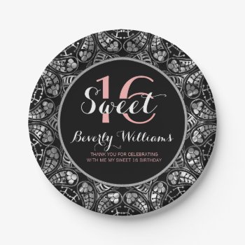 Black & Silver Gray Floral Lace Sweet 16 Paper Plates by ArtOnKitchenWare at Zazzle
