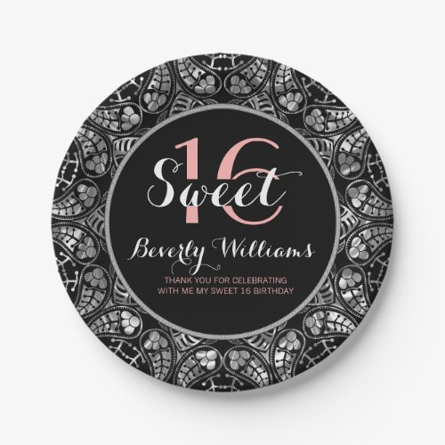 Black  Silver Gray Floral Lace Sweet 16 Paper Plates