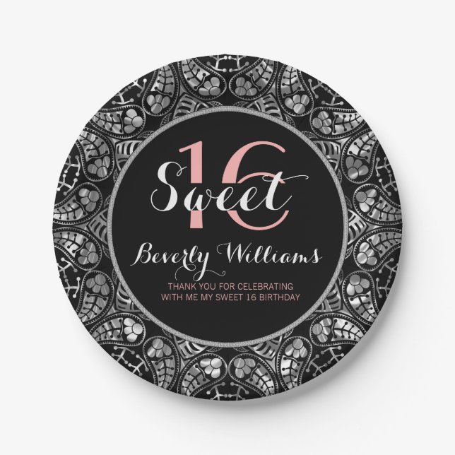 Black & Silver Gray Floral Lace Sweet 16 Paper Plates (Front)