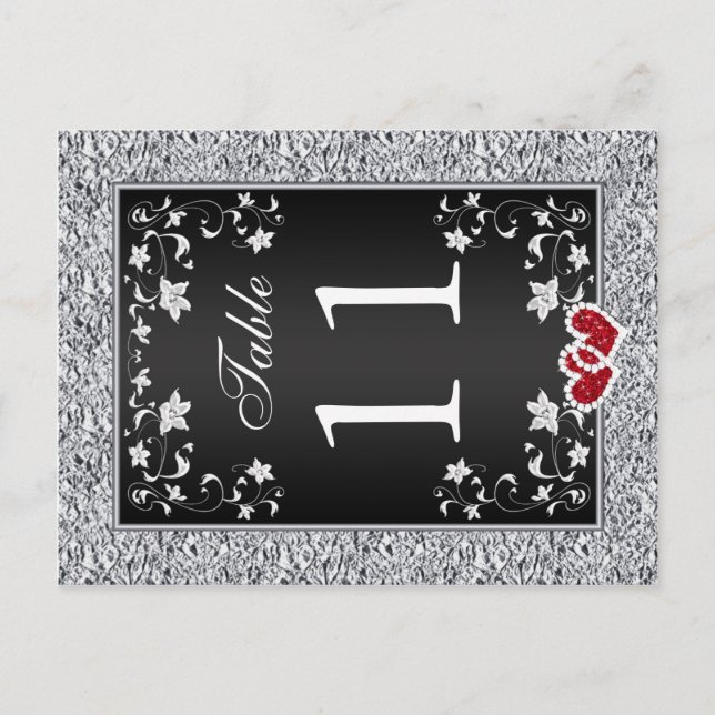 Black Silver Gray Floral Table Number Postcard (Front)