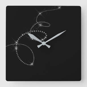 Black Silver Gray Gemms Crystal Swarovski Infinity Square Wall Clock