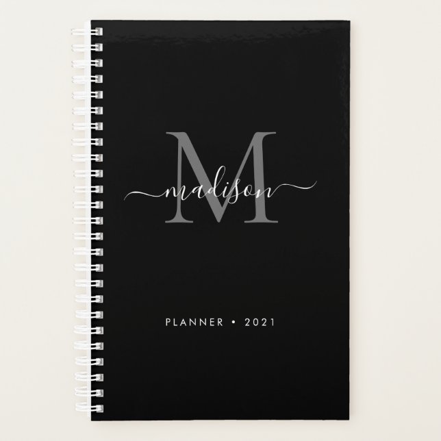 Black Silver Gray Girly Monogram Script Name 2021 Planner (Front)