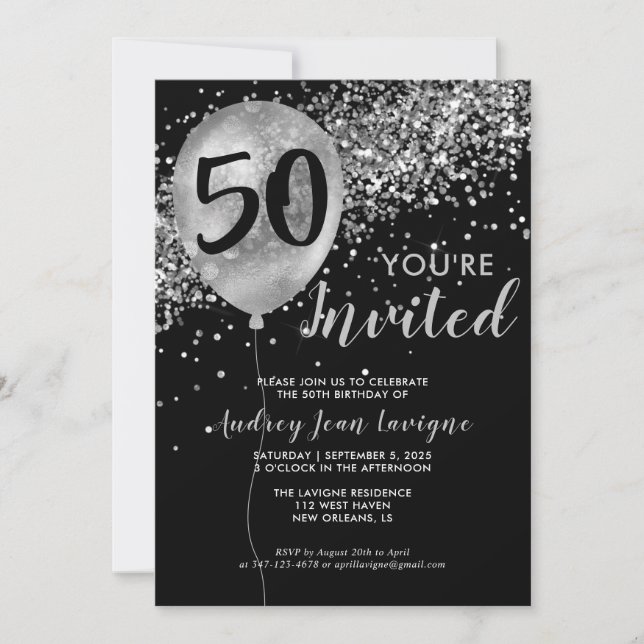 Black Silver Gray Glitter Balloon 50th Birthday Invitation (Front)