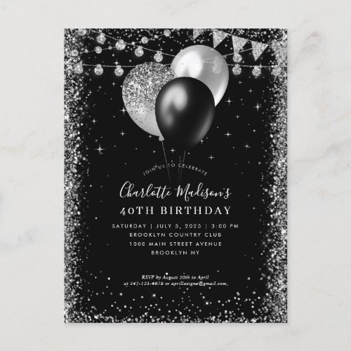 Black Silver Gray Glitter Balloon Any Age Birthday Postcard