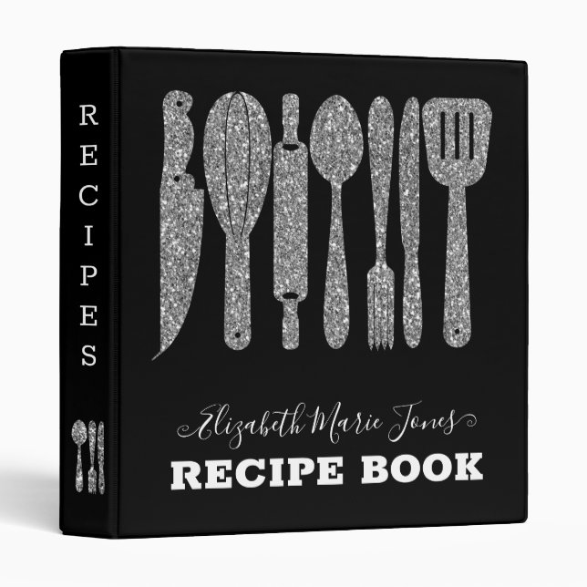 Black Silver Gray Glitter Cooking Utensil Recipe 3 Ring Binder (Front/Spine)