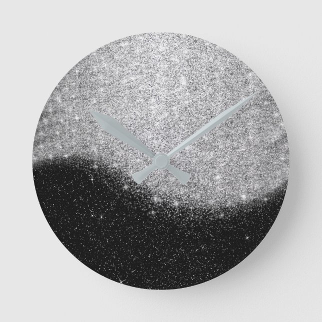 Black Silver Gray Glitter Minimal Ombre Elegant Round Clock (Front)