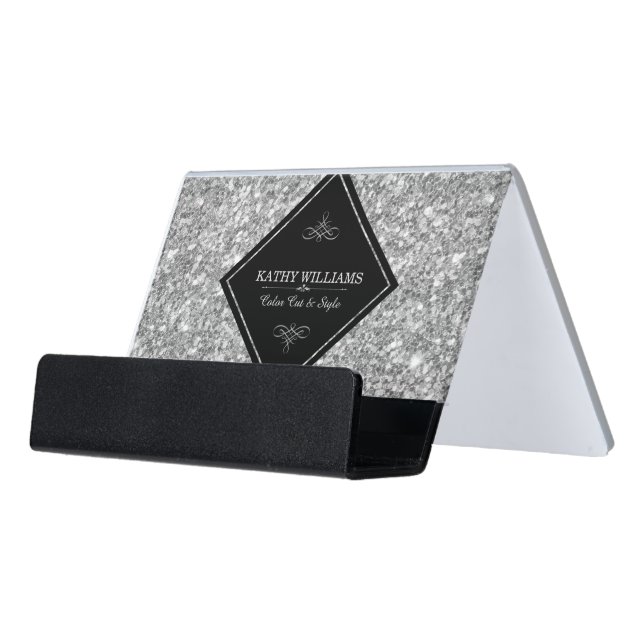 Black & Silver Gray Glitter  Template Desk Business Card Holder (Angled Front)