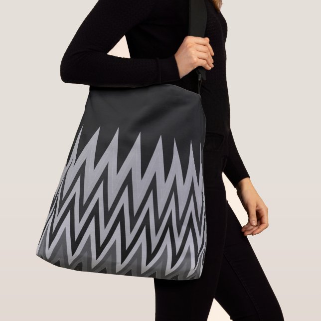 Black Silver Gray Grey Chevron Pattern Crossbody Bag (Close Up)
