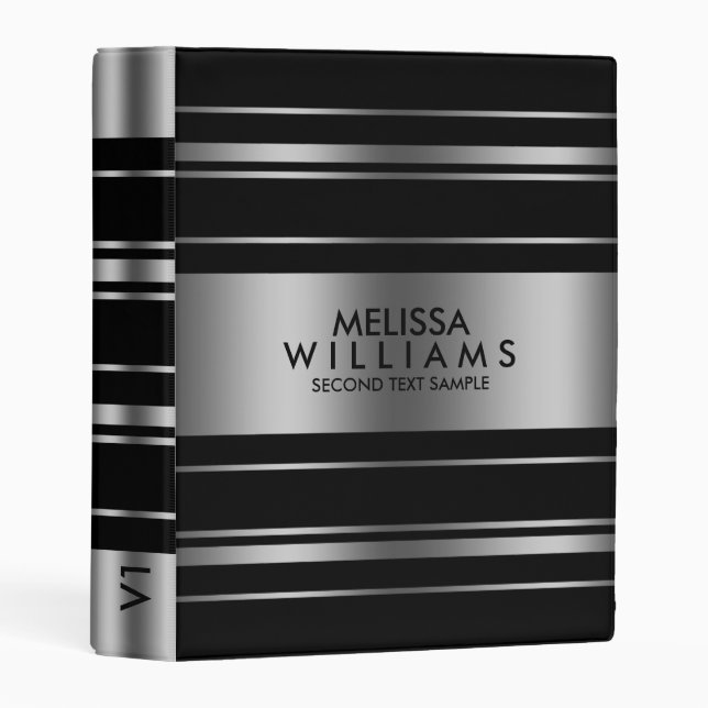 Black & Silver Gray Modern Stripes Design Mini Binder (Front/Spine)