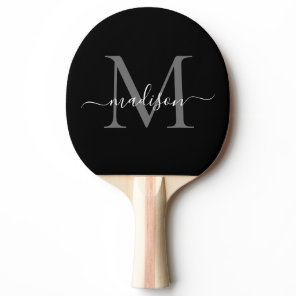 Black Silver Gray Monogram Elegant Script Name Ping Pong Paddle