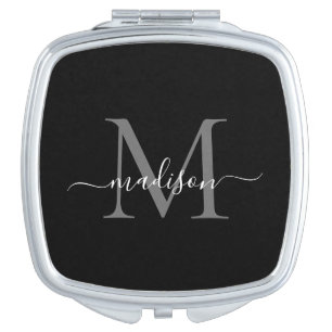 Black Silver Gray Monogram Feminine Girly Script Compact Mirror