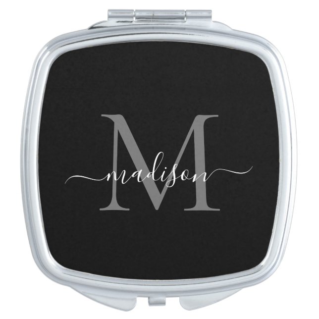 Black Silver Gray Monogram Feminine Girly Script Compact Mirror (Front)