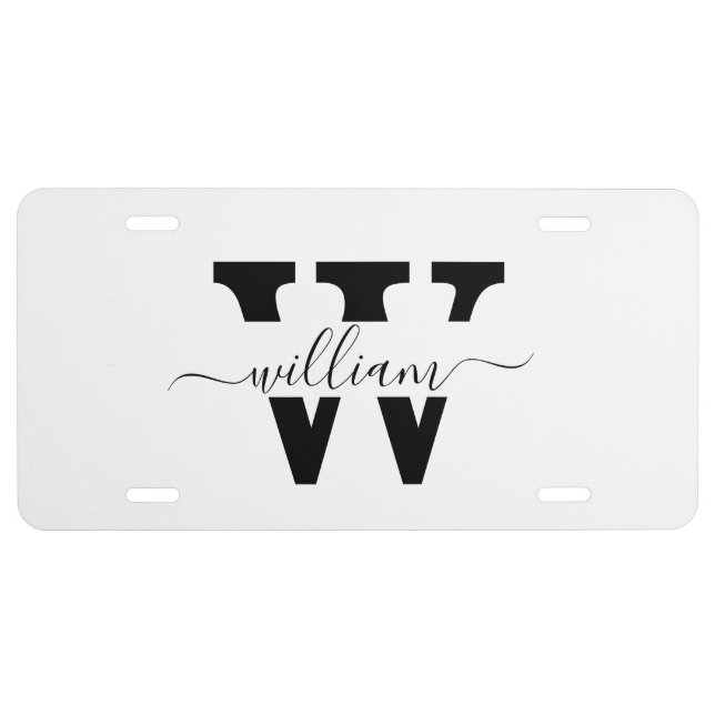 Black Silver Gray Monogram Feminine Script License License Plate (Front)