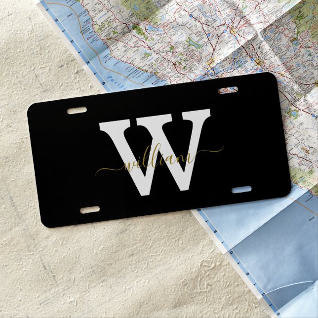Black Silver Gray Monogram Feminine Script License Plate (In Situ)