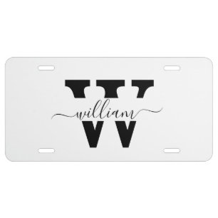 Black Silver Gray Monogram Feminine Script License Plate