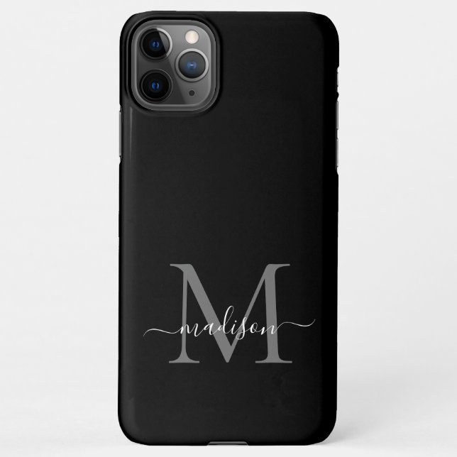 Black Silver Gray Monogram Feminine Script Name iPhone Case (Back)