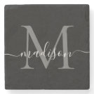 Black Silver Gray Monogram Feminine Script Name Stone Coaster Black Silver Gray Monogram Feminine Script Name Stone Coaster