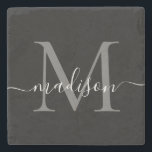 Black Silver Gray Monogram Feminine Script Name Stone Coaster<br><div class="desc">Elegant Modern Black Silver Slate Gray Monogram Feminine Script Name Stone Coaster</div>
