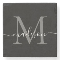 Black Silver Gray Monogram Feminine Script Name Stone Coaster Black Silver Gray Monogram Feminine Script Name Stone Coaster