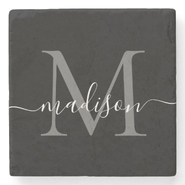 Black Silver Gray Monogram Feminine Script Name Stone Coaster