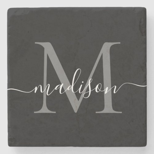 Black Silver Gray Monogram Feminine Script Name Stone Coaster