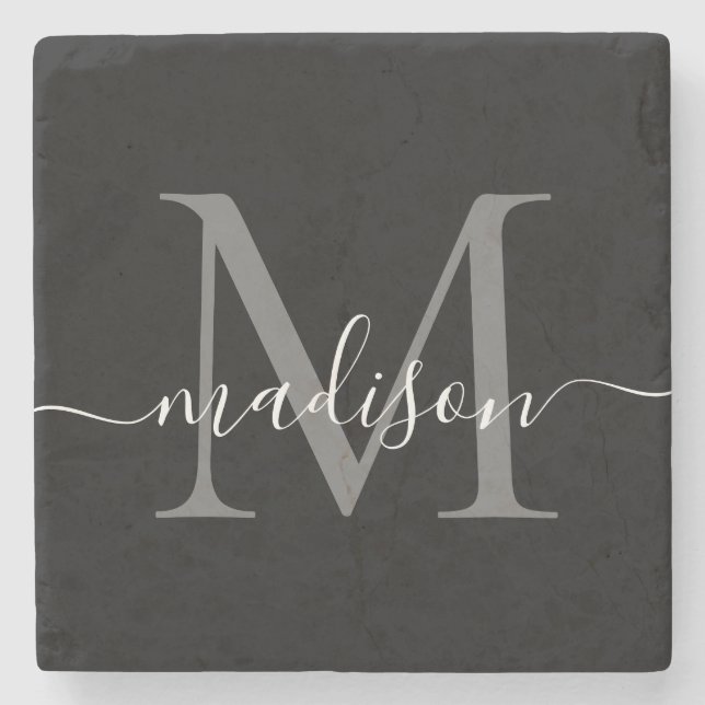 Black Silver Gray Monogram Feminine Script Name Stone Coaster (Front)
