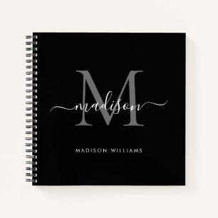 Black Silver Gray Monogram Initial Script Name Notebook
