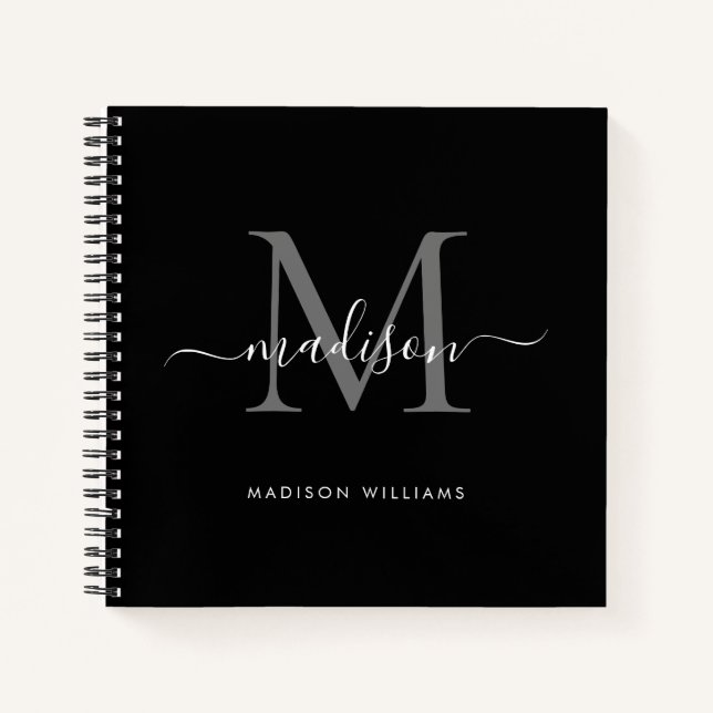Black Silver Gray Monogram Initial Script Name Notebook (Front)