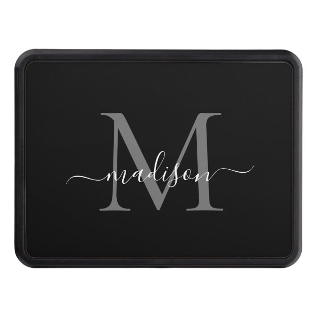 Black Silver Gray Monogram Script Name Initial Hitch Cover (Front)