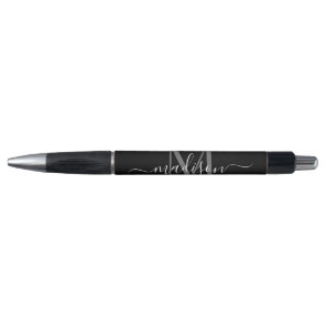 Black Silver Gray Monogram Script Name Stylish Pen