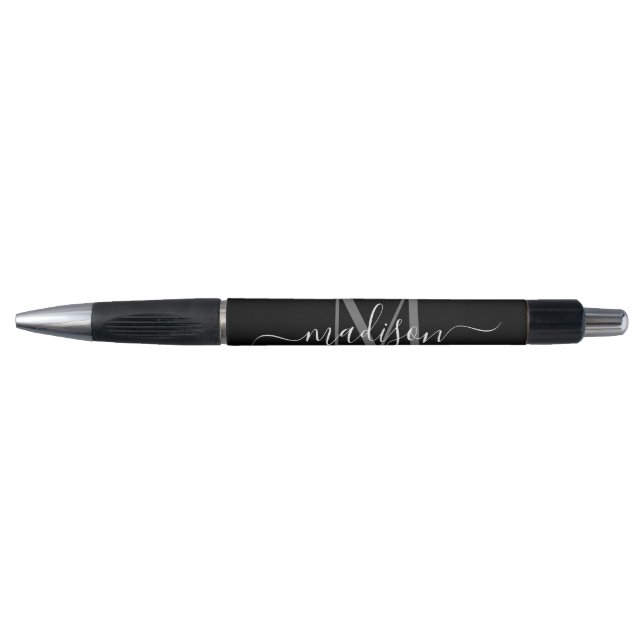 Black Silver Gray Monogram Script Name Stylish Pen (Front)