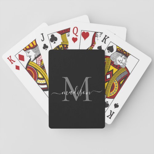 Black Silver Gray Monogram Stylish Script Name Poker Cards