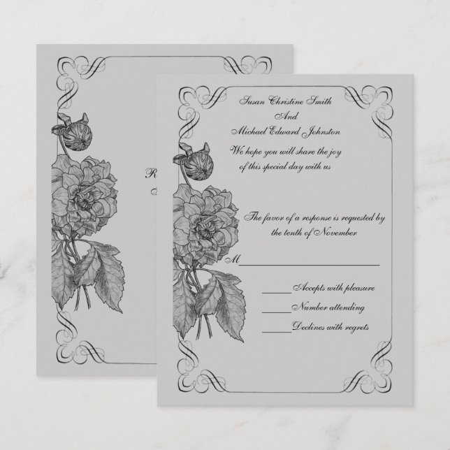 Black Silver Gray Peony Floral Wedding  RSVP Card (Front/Back)