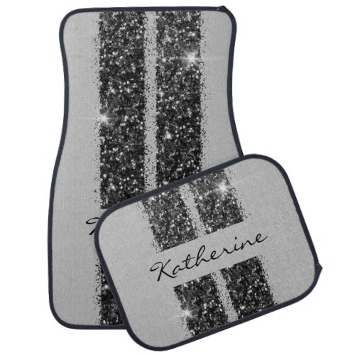 Black Silver Gray Race Stripe Glitter Personalized Car Floor Mat