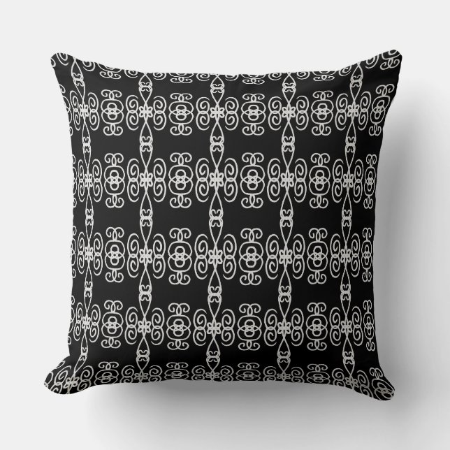 Black & Silver Gray Spiral Geometric Pattern Throw Pillow (Front)
