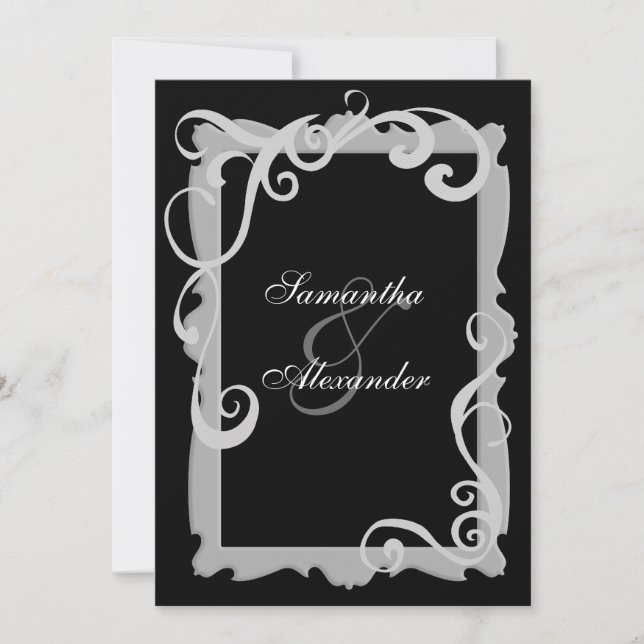 Black/Silver-Gray Swirl Frame Wedding Invitations (Front)
