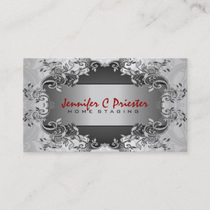 Black & Silver Gray Vintage Abstract Floral Design Business Card