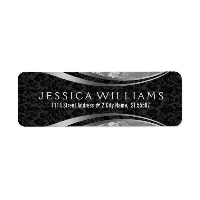 Black & Silver Gray Vintage Floral Damasks Label (Front)
