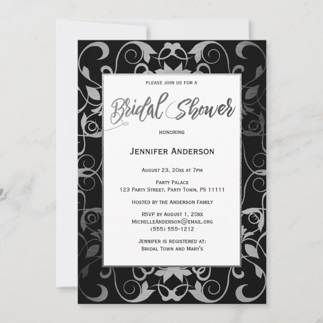 Black Silver Gray White Elegant Bridal Shower Invitation (Front)