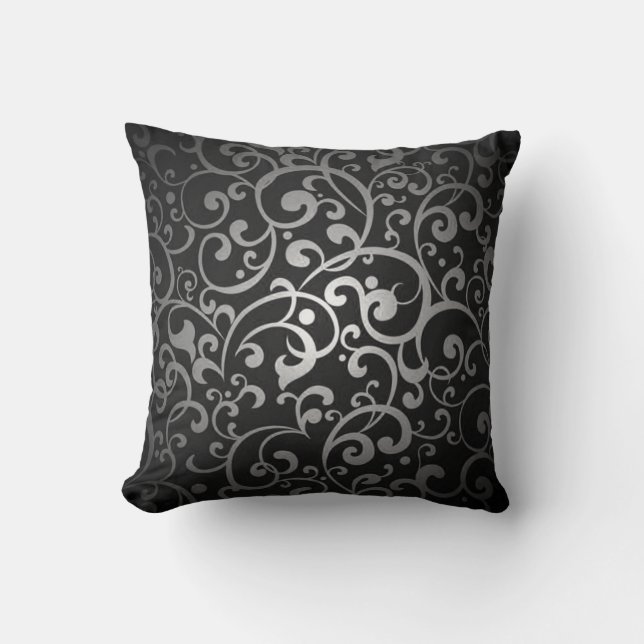 BLACK SILVER GREY GRAY DIGITAL SWIRLS RANDOM ABSTR THROW PILLOW (Front)