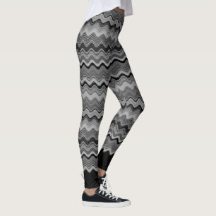 Black Silver Grey Gray Wavy Pattern Leggings