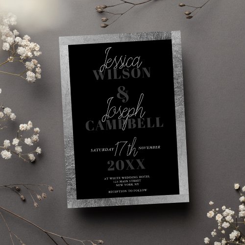 Black Silver handwritten script typography wedding Invitation