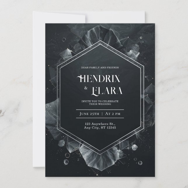Black Silver Hexagon Crystal Modern Wedding Invitation (Front)