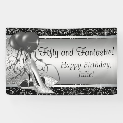 Black Silver High Heel Shoe Birthday Party Banner